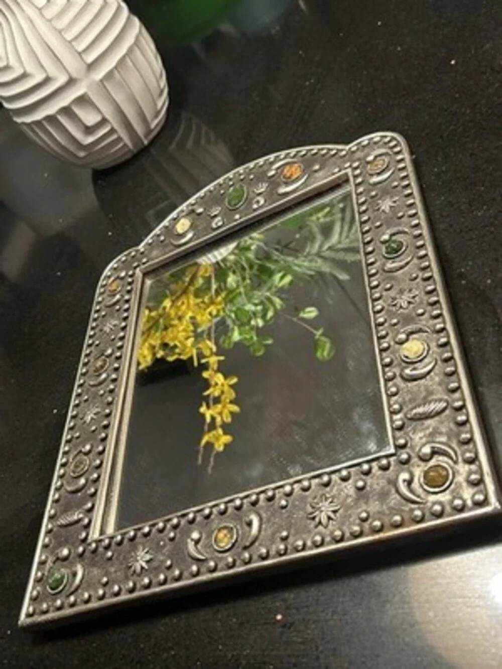 Vintage Moroccan Style Arched Metal Mirror – Handcrafted with Gemstone Hermitage